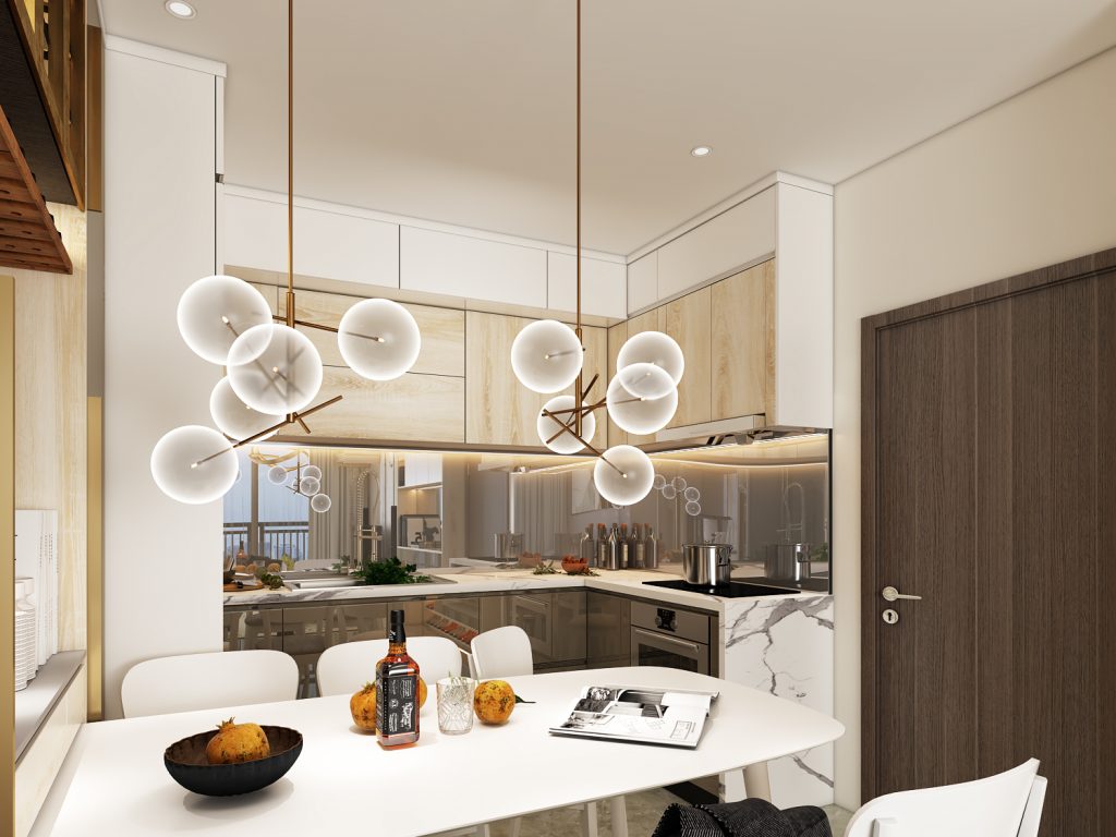 Khu vực bàn ăn là điểm giao thoa của bếp và phòng khách